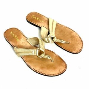 Lilly Pulitzer McKim Thong Sandal Gold Metallic Leather Slip On Womens Size 9 M